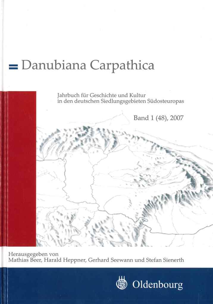 The picture shows the book cover of Danubiana Carpathica No.1: title information and a representation of the Carpathian Arc